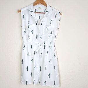 Japna Dress Cactus Print Button Front Drawstring Waist White Green Size  XS